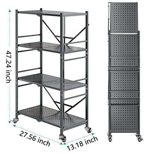 4-tier Storage Shelves for Storage,foldable Collapsible Metal Shelving with Rotational Wheels, Standing Storage Unit Utility Shelf Racks Rolling Cart for Laundry Bathroom Kitchen Pantry Closet, Grey