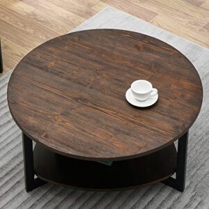 moderion round coffee table for living room, 35.3" large farmhouse cocktail table with storage shelf, circular wood center tea table with metal leg, sofa table, easy assembly, brushed brown kfz2338nc