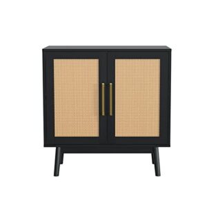 CARPETNAL Sideboard Buffet Cabinet, Modern Rattan Storage Cabinet with Double Doors and Adjustable Shelves, Accent Cabinet for Living Room, Bedroom, Hallway (Black)