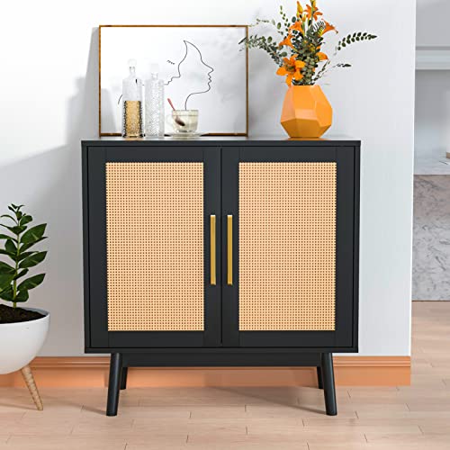 CARPETNAL Sideboard Buffet Cabinet, Modern Rattan Storage Cabinet with Double Doors and Adjustable Shelves, Accent Cabinet for Living Room, Bedroom, Hallway (Black)