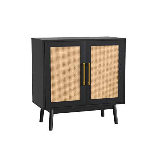 CARPETNAL Sideboard Buffet Cabinet, Modern Rattan Storage Cabinet with Double Doors and Adjustable Shelves, Accent Cabinet for Living Room, Bedroom, Hallway (Black)