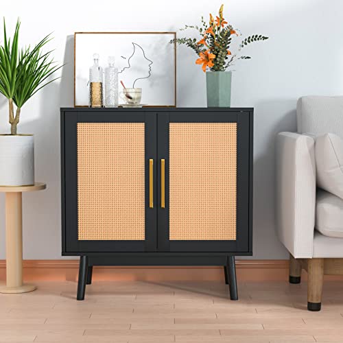 CARPETNAL Sideboard Buffet Cabinet, Modern Rattan Storage Cabinet with Double Doors and Adjustable Shelves, Accent Cabinet for Living Room, Bedroom, Hallway (Black)