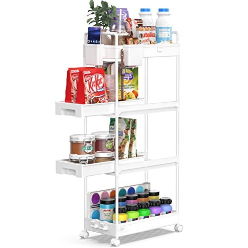 SPACEKEEPER 4-Tier Rolling Storage Cart, Slide Out Bathroom Organizer Mobile Shelving Unit Laundry Room Storage with Brake Wheels, Hanging Cups, Dividers for Kitchen Bathroom Narrow Spaces, White