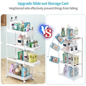 SPACEKEEPER 4-Tier Rolling Storage Cart, Slide Out Bathroom Organizer Mobile Shelving Unit Laundry Room Storage with Brake Wheels, Hanging Cups, Dividers for Kitchen Bathroom Narrow Spaces, White