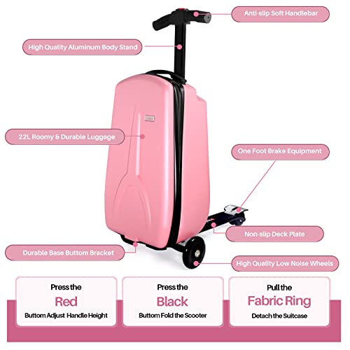 iubest Scooter Luggage Carry On Scooter Suitcase for Kids Age 4-15, Detachable & Foldable 4 in 1 Kids Suitcase, Multifunctional Ride On Travel Trolley Scooter Combo-Pink