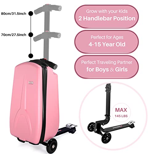 iubest Scooter Luggage Carry On Scooter Suitcase for Kids Age 4-15, Detachable & Foldable 4 in 1 Kids Suitcase, Multifunctional Ride On Travel Trolley Scooter Combo-Pink