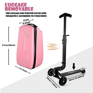 iubest Scooter Luggage Carry On Scooter Suitcase for Kids Age 4-15, Detachable & Foldable 4 in 1 Kids Suitcase, Multifunctional Ride On Travel Trolley Scooter Combo-Pink