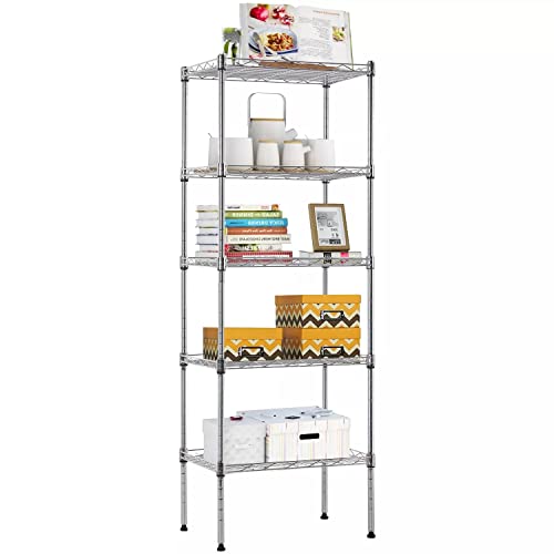 XXkseh 5 Tier Storage Shelves Wire Shelving Unit Adjustable Metal Shelf Heavy Duty Garage Storage Rack Wire Shelves Display Rack for Laundry Livingroom Kitchen, 16.7" L×11.8" W×47.6" H, Chrome