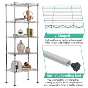 XXkseh 5 Tier Storage Shelves Wire Shelving Unit Adjustable Metal Shelf Heavy Duty Garage Storage Rack Wire Shelves Display Rack for Laundry Livingroom Kitchen, 16.7" L×11.8" W×47.6" H, Chrome