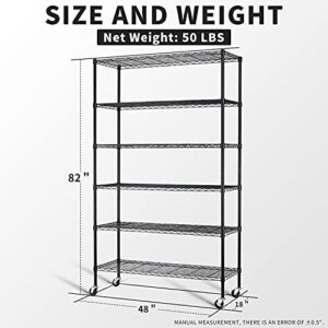 MGHH 6-Tier Storage Shelf, Wire Shelving on Casters, NSF Height Adjustable Heavy Duty Metal Rack with Wheels for Office Bathroom Kitchen Garage Organization 2100 LBS Capacity-48 L×18" W×82" H-Black