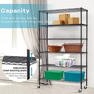 MGHH 6-Tier Storage Shelf, Wire Shelving on Casters, NSF Height Adjustable Heavy Duty Metal Rack with Wheels for Office Bathroom Kitchen Garage Organization 2100 LBS Capacity-48 L×18" W×82" H-Black