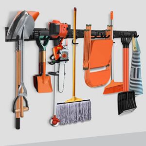 garage tool storage rack, wall organization hanger with 4 mop holder and 8 pcs 8-inch hooks, organizer holders for landscaping equipment, hedge trimmer, brooms, hoses, folding chairs, ladders, etc.