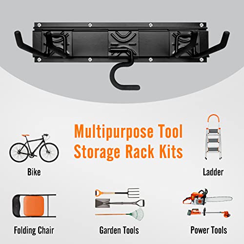 Garage Tool Storage Rack, Wall Organization Hanger with 4 Mop Holder and 8 PCs 8-inch Hooks, Organizer Holders for Landscaping Equipment, Hedge Trimmer, Brooms, Hoses, Folding Chairs, Ladders, etc.