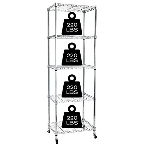 Lovinland Heavy Duty 5-Shelf Shelving Units and Storage on Wheels, Adjustable Carbon Steel Wire Unit Rack for Garage, Kitchen, Office