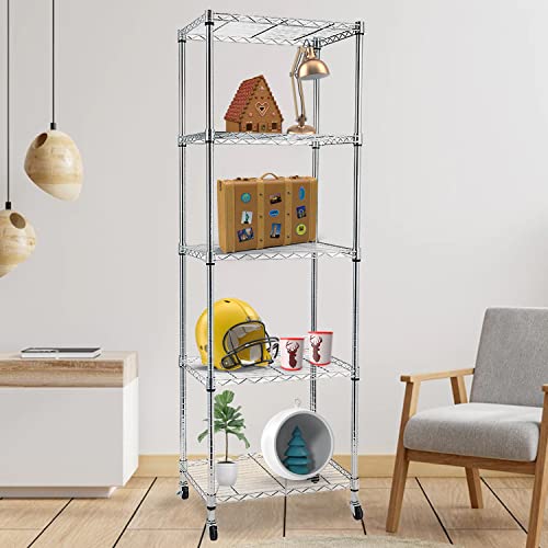 Lovinland Heavy Duty 5-Shelf Shelving Units and Storage on Wheels, Adjustable Carbon Steel Wire Unit Rack for Garage, Kitchen, Office