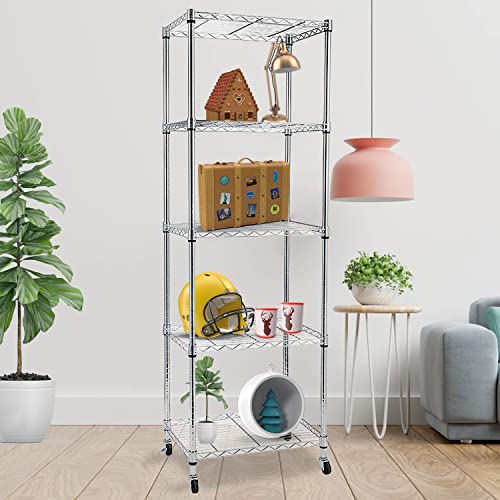 Lovinland Heavy Duty 5-Shelf Shelving Units and Storage on Wheels, Adjustable Carbon Steel Wire Unit Rack for Garage, Kitchen, Office