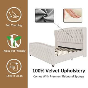 AMERLIFE Queen Size Platform Bed Frame, Velvet Upholstered Bed with Deep Button Tufted & Nailhead Trim Wingback Headboard/No Box Spring Needed/Cream