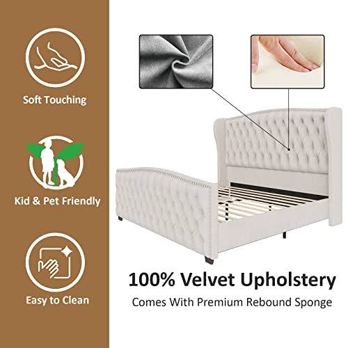 AMERLIFE Queen Size Platform Bed Frame, Velvet Upholstered Bed with Deep Button Tufted & Nailhead Trim Wingback Headboard/No Box Spring Needed/Cream