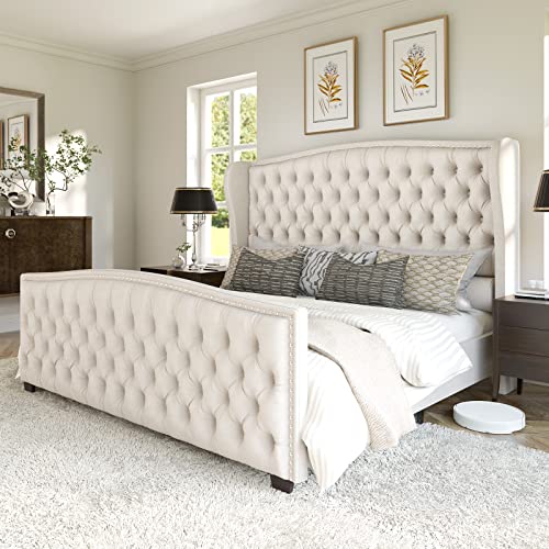 AMERLIFE Queen Size Platform Bed Frame, Velvet Upholstered Bed with Deep Button Tufted & Nailhead Trim Wingback Headboard/No Box Spring Needed/Cream