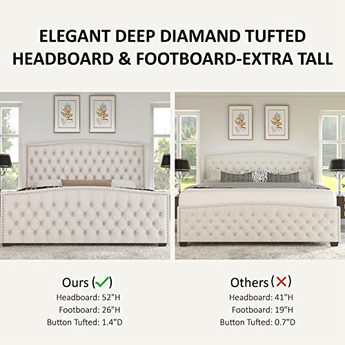 AMERLIFE Queen Size Platform Bed Frame, Velvet Upholstered Bed with Deep Button Tufted & Nailhead Trim Wingback Headboard/No Box Spring Needed/Cream