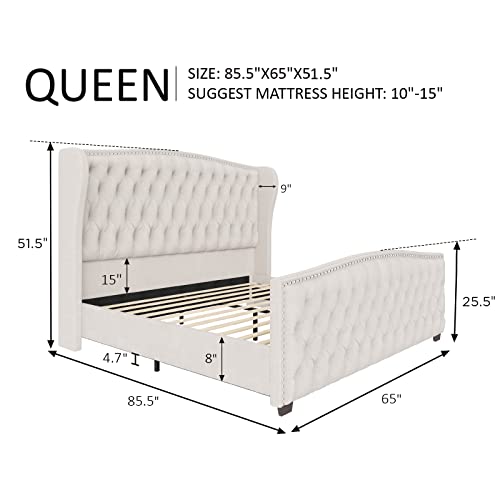 AMERLIFE Queen Size Platform Bed Frame, Velvet Upholstered Bed with Deep Button Tufted & Nailhead Trim Wingback Headboard/No Box Spring Needed/Cream