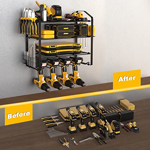 Kcysta Power Tool Organizer, 4 Tier Power Tool Organizer Wall Mount, Heavy Duty Tool Organizers with Drill Holder, Tool Rack Tool Holder Storage Tool Shelf, Black