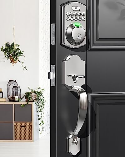 Veise Fingerprint Door Lock Set, Keyless Entry Door Lock, Front Door Handle Sets, Electronic Keypad Deadbolt with Lever Handle, 2 Keys, Auto Lock, Code Door Lock, Easy Installation, Satin Nickel