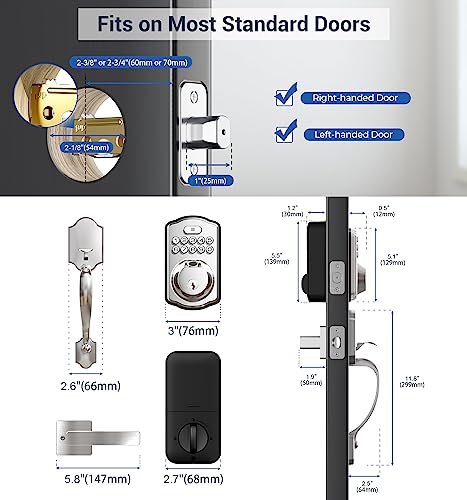 Veise Fingerprint Door Lock Set, Keyless Entry Door Lock, Front Door Handle Sets, Electronic Keypad Deadbolt with Lever Handle, 2 Keys, Auto Lock, Code Door Lock, Easy Installation, Satin Nickel