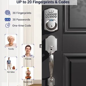 Veise Fingerprint Door Lock Set, Keyless Entry Door Lock, Front Door Handle Sets, Electronic Keypad Deadbolt with Lever Handle, 2 Keys, Auto Lock, Code Door Lock, Easy Installation, Satin Nickel