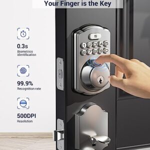 Veise Fingerprint Door Lock Set, Keyless Entry Door Lock, Front Door Handle Sets, Electronic Keypad Deadbolt with Lever Handle, 2 Keys, Auto Lock, Code Door Lock, Easy Installation, Satin Nickel