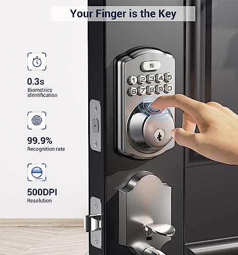 Veise Fingerprint Door Lock Set, Keyless Entry Door Lock, Front Door Handle Sets, Electronic Keypad Deadbolt with Lever Handle, 2 Keys, Auto Lock, Code Door Lock, Easy Installation, Satin Nickel