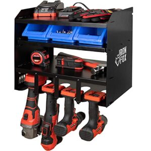 3-tier power tool organizer wall mount design - drill holder power tool storage rack holds cordless drills, tools, batteries, chargers & more | heavy duty drill rack made from powder coated steel