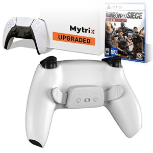 mytrix customized controller with 2 remappable paddles for playstation 5 (ps5), programmable back buttons with fast turbo auto-fire, 3 setup saving slots onboard switch - white, with rainbow 6 siege