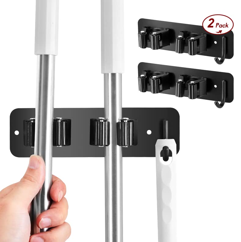 NisuAM 2 Pack Broom Holder Wall Mount with 2 Slots 1 Hooks, Broom Hanger Self Adhesive, Garage Organization Garage Storage Stainless Steel Broom Mop Organized Wall Mounted Garage,Laundry room