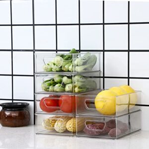 Cq acrylic Set of 4 Refrigerator Organizer Bins Stackable Plastic Clear Food Storage Bin with Handles for Pantry, Freezer, Fridge, Cabinet, Kitchen Countertops BPA Free