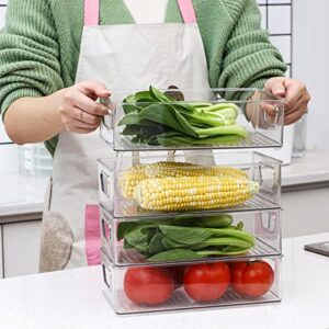 Cq acrylic Set of 4 Refrigerator Organizer Bins Stackable Plastic Clear Food Storage Bin with Handles for Pantry, Freezer, Fridge, Cabinet, Kitchen Countertops BPA Free