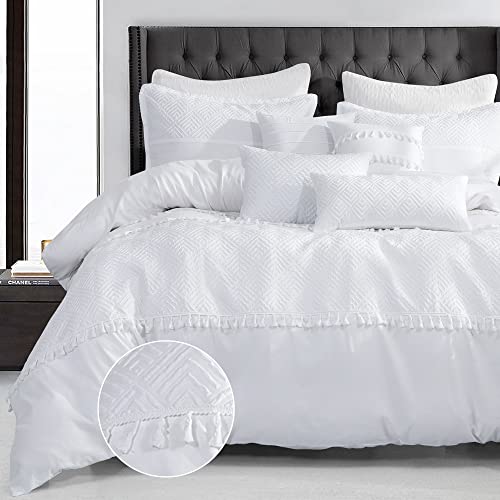 BRHF 7 PCS Boho Embossed Comforter Set with Handcrafted Tassel King, White Textured Down Alternative Bedding Set for Bedroom, Lightweight Bed in A Bag - 1 Comforter, 2 Shams, 4 Pillows