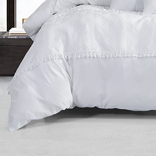 BRHF 7 PCS Boho Embossed Comforter Set with Handcrafted Tassel King, White Textured Down Alternative Bedding Set for Bedroom, Lightweight Bed in A Bag - 1 Comforter, 2 Shams, 4 Pillows