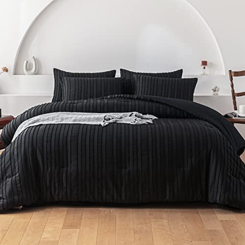 WARMDERN Black Comforter Set Queen Size Soft Bedding Sets Boho Striped Pattern Comforter Set Lightweight Comforter for All Season Down Alternative Comforter Bed in A Bag 7 Piece(Queen, Black)