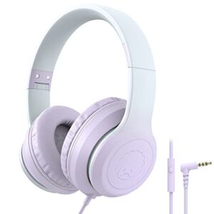 rockpapa l22 on-ear headphones with microphone, folding stereo bass headphones with 4.9ft no-tangle cord, portable wired headphones for kids teens travel school smartphone tablet (purple)