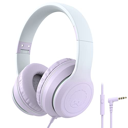 rockpapa L22 On-Ear Headphones with Microphone, Folding Stereo Bass Headphones with 4.9Ft No-Tangle Cord, Portable Wired Headphones for Kids Teens Travel School Smartphone Tablet (Purple)