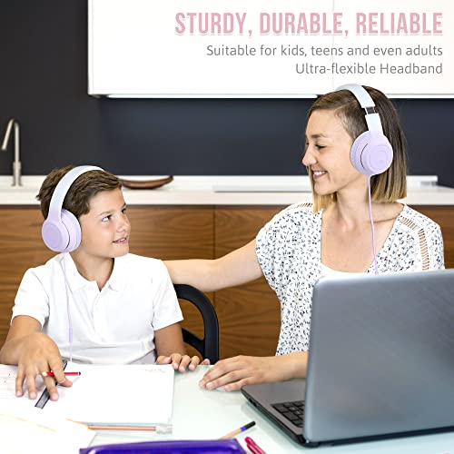 rockpapa L22 On-Ear Headphones with Microphone, Folding Stereo Bass Headphones with 4.9Ft No-Tangle Cord, Portable Wired Headphones for Kids Teens Travel School Smartphone Tablet (Purple)