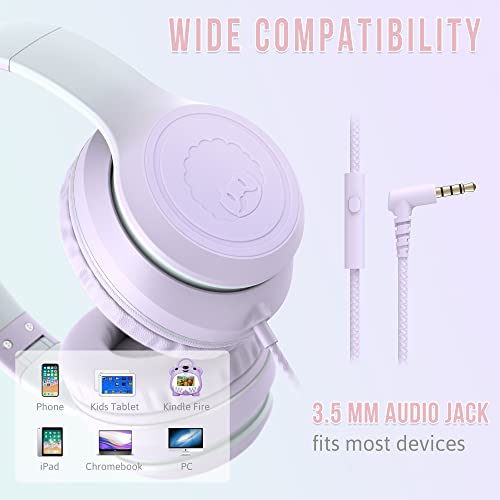 rockpapa L22 On-Ear Headphones with Microphone, Folding Stereo Bass Headphones with 4.9Ft No-Tangle Cord, Portable Wired Headphones for Kids Teens Travel School Smartphone Tablet (Purple)