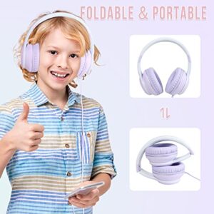 rockpapa L22 On-Ear Headphones with Microphone, Folding Stereo Bass Headphones with 4.9Ft No-Tangle Cord, Portable Wired Headphones for Kids Teens Travel School Smartphone Tablet (Purple)