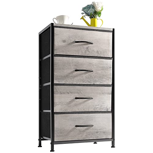 WELLJOYDIRECT Fabric Storage Drawer, Chest of Drawer Storage Tower, Tall Dresser for Bedroom,Hall, Entryway, Fabric Organizer Unit with Sturdy Steel Frame,Wood Top,4 Fabric Bins,Easy Pull Handle Gray