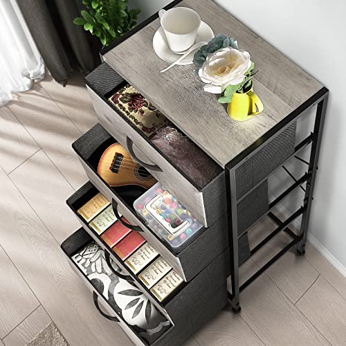 WELLJOYDIRECT Fabric Storage Drawer, Chest of Drawer Storage Tower, Tall Dresser for Bedroom,Hall, Entryway, Fabric Organizer Unit with Sturdy Steel Frame,Wood Top,4 Fabric Bins,Easy Pull Handle Gray