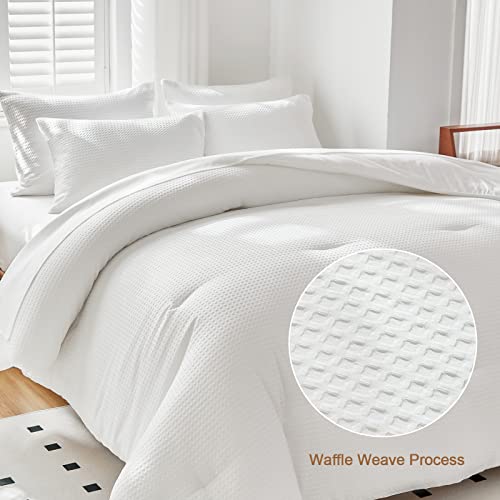 WARMDERN White Comforter Set King Size Waffle Weave Lightweight Bedding Comforter Sets Soft Microfiber Down Alternative Comforter 7 Pieces Bed in A Bag All Season(White, King)