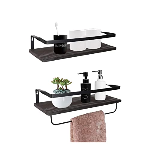 YCOCO Floating Shelves for Wall Set of 2,Rustic Wall Mounted Storage Wood Shelf with Towel Holder Rack for Bathroom, Bedroom,Living Room,Kitchen,Office,Black