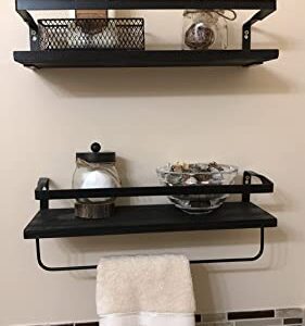 YCOCO Floating Shelves for Wall Set of 2,Rustic Wall Mounted Storage Wood Shelf with Towel Holder Rack for Bathroom, Bedroom,Living Room,Kitchen,Office,Black