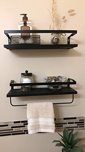 YCOCO Floating Shelves for Wall Set of 2,Rustic Wall Mounted Storage Wood Shelf with Towel Holder Rack for Bathroom, Bedroom,Living Room,Kitchen,Office,Black